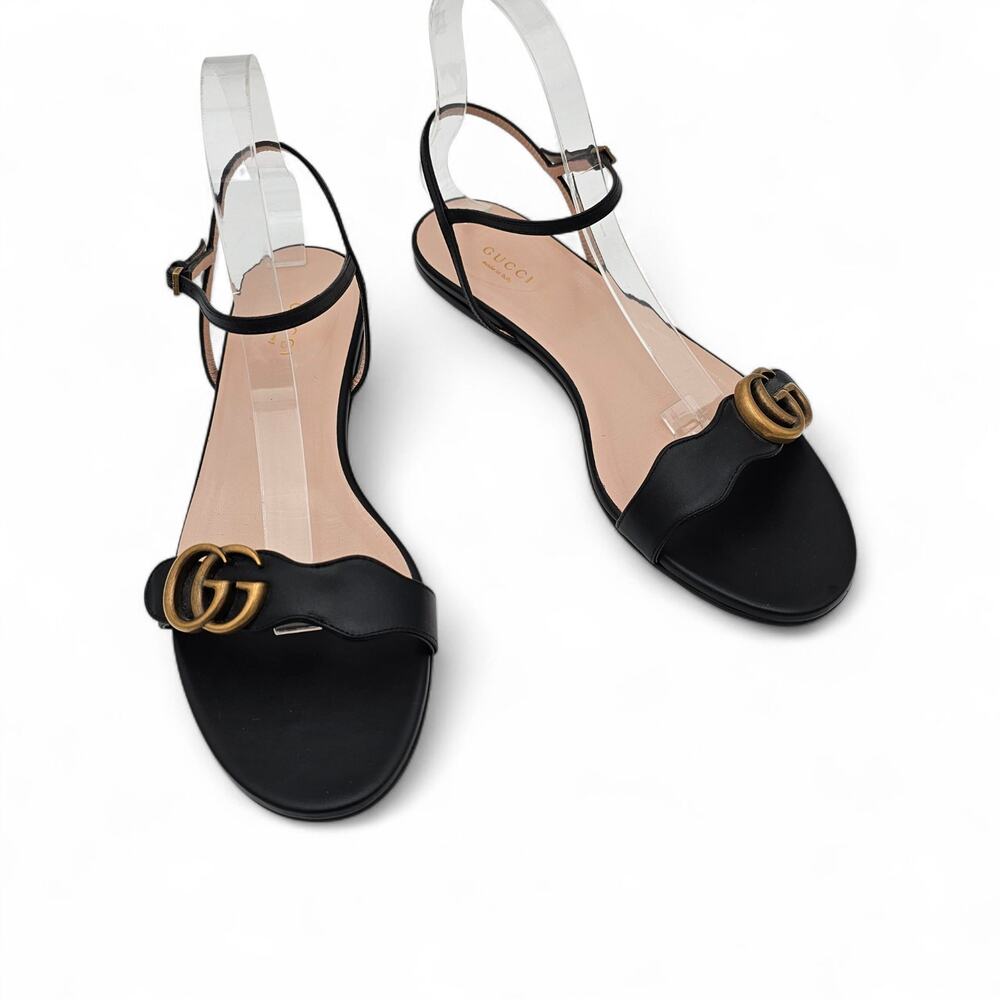 Gucci GG Marmont Flat Sandal Black Leather Ankle Strap Size 40.5 US 10.5 - Picture 1 of 13